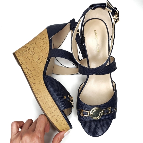 Marc Fisher | Shoes | Marc Fisher Navy Blue Gold Wedge Sandals | Poshmark
